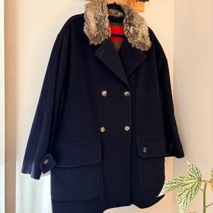 Vintage 1980s Valentino Sport Black Wool Pea Coat with Faux Fur Collar